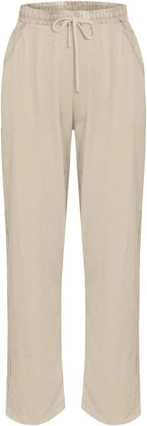 Linen Pants Women Summer High Elastic Waist Drawstring Palazzo Pants Straight Leg Slacks Cropped Trousers with Pockets