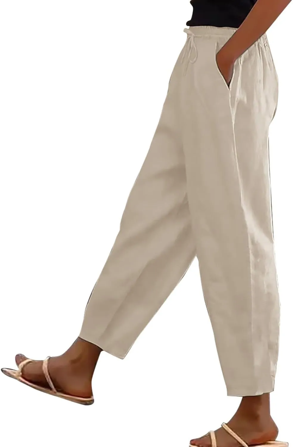 Linen Pants Women Summer High Elastic Waist Drawstring Palazzo Pants Straight Leg Slacks Cropped Trousers with Pockets