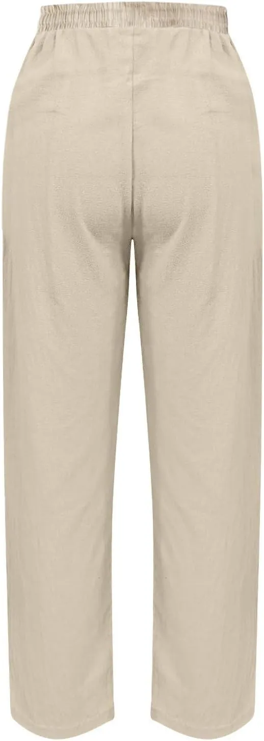 Linen Pants Women Summer High Elastic Waist Drawstring Palazzo Pants Straight Leg Slacks Cropped Trousers with Pockets