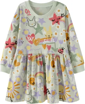 Little Girls Cotton Long Sleeve Casual Dress Toddler Kids Cartoon Floral Print Jersey Dresses 24M-7Yrs