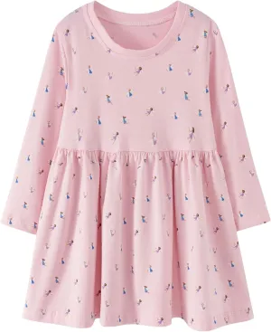 Little Girls Cotton Long Sleeve Casual Dress Toddler Kids Cartoon Floral Print Jersey Dresses 24M-7Yrs