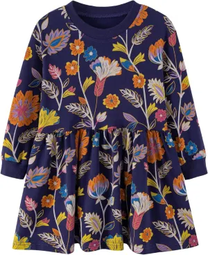 Little Girls Cotton Long Sleeve Casual Dress Toddler Kids Cartoon Floral Print Jersey Dresses 24M-7Yrs