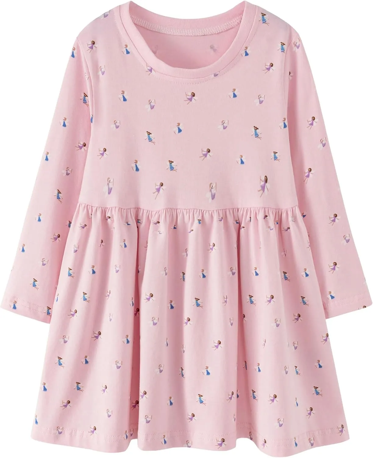 Little Girls Cotton Long Sleeve Casual Dress Toddler Kids Cartoon Floral Print Jersey Dresses 24M-7Yrs