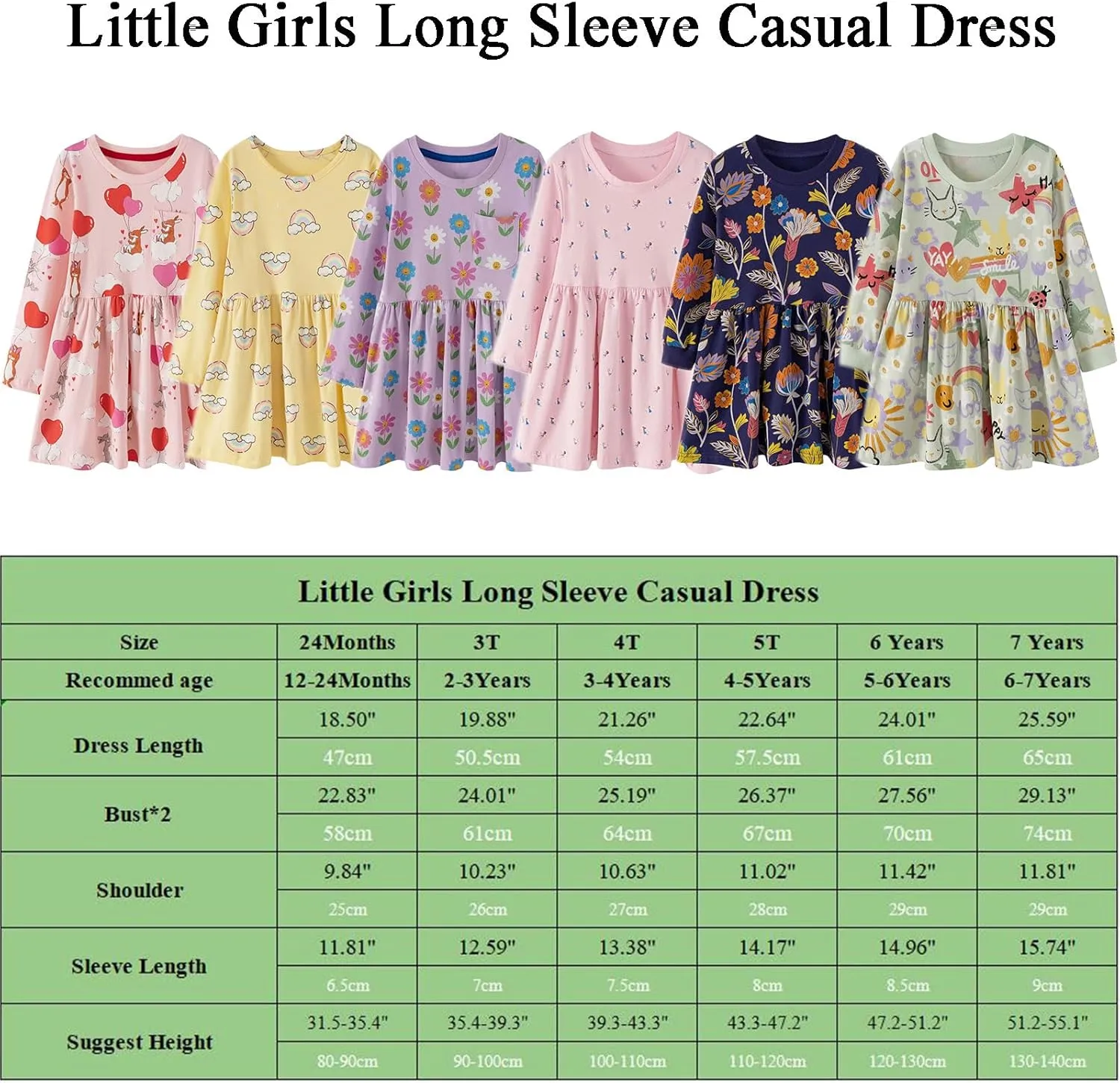 Little Girls Cotton Long Sleeve Casual Dress Toddler Kids Cartoon Floral Print Jersey Dresses 24M-7Yrs