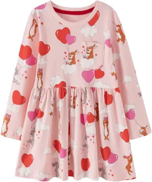 Little Girls Cotton Long Sleeve Casual Dress Toddler Kids Cartoon Floral Print Jersey Dresses 24M-7Yrs