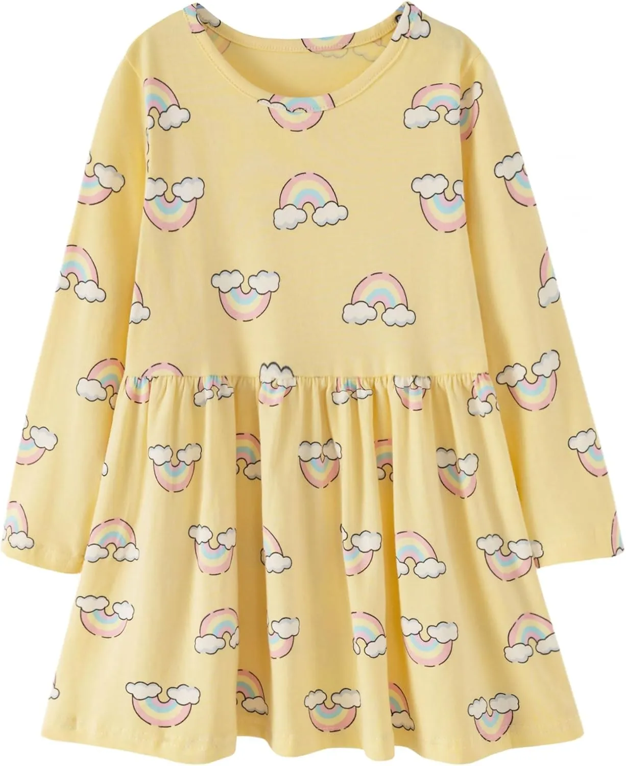 Little Girls Cotton Long Sleeve Casual Dress Toddler Kids Cartoon Floral Print Jersey Dresses 24M-7Yrs