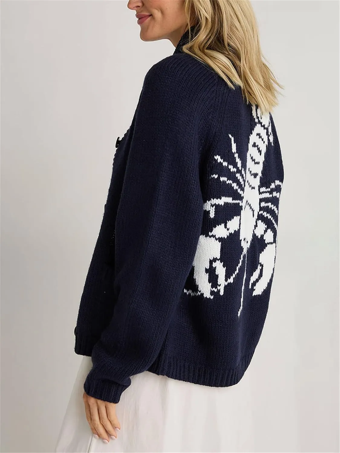 Lobster Knit Sweater Cardigan for Women Y2K Chunky Button Down Sweater Coat Vintage Lightweight Knitwear Cardigans