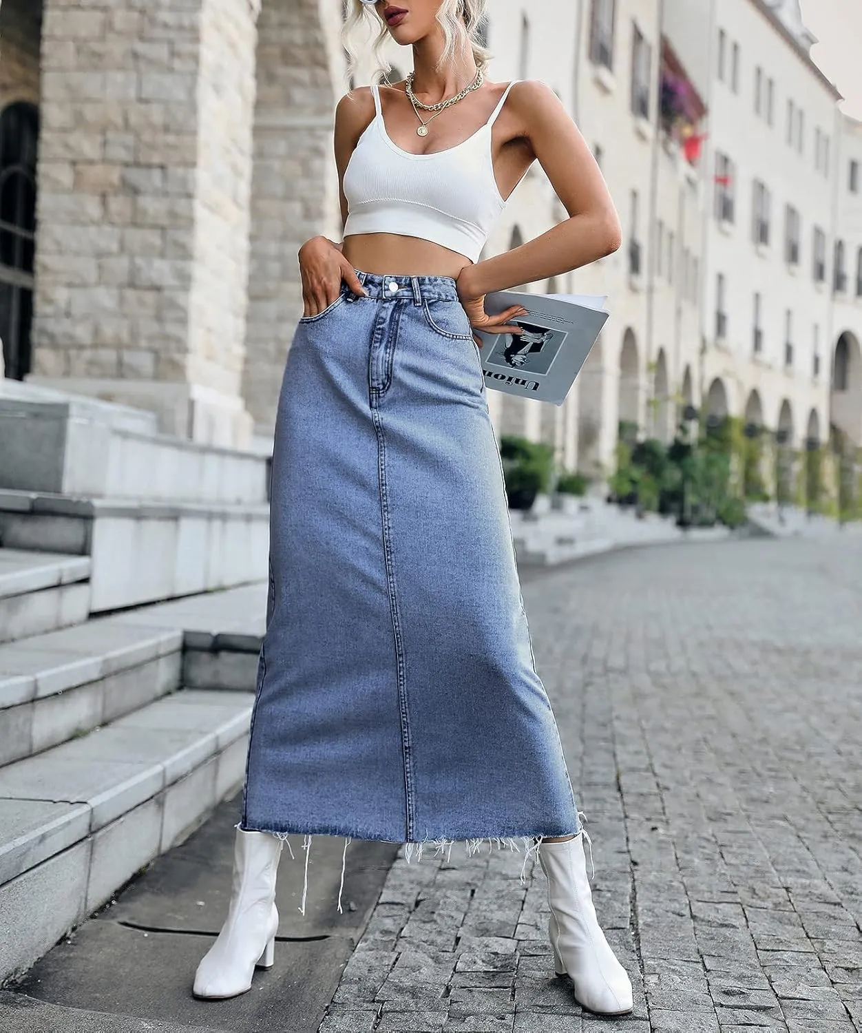 Long Denim Skirts for Women Maxi Paperbag High Waist Frayed Raw Hem A line Flare Jean Skirt with Pockets