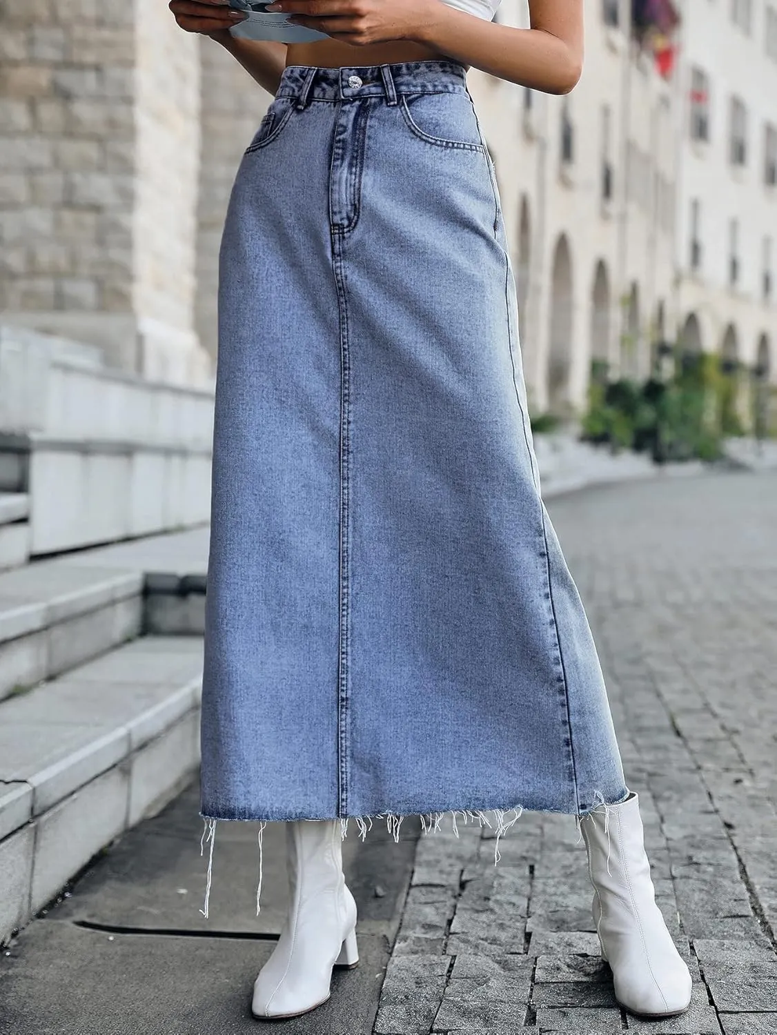 Long Denim Skirts for Women Maxi Paperbag High Waist Frayed Raw Hem A line Flare Jean Skirt with Pockets