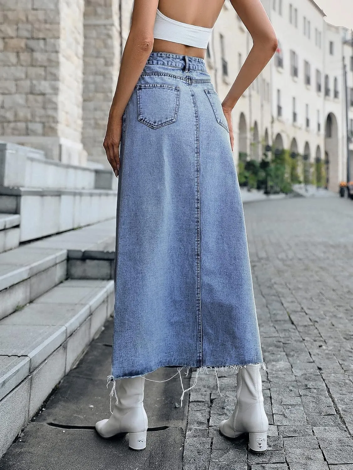 Long Denim Skirts for Women Maxi Paperbag High Waist Frayed Raw Hem A line Flare Jean Skirt with Pockets