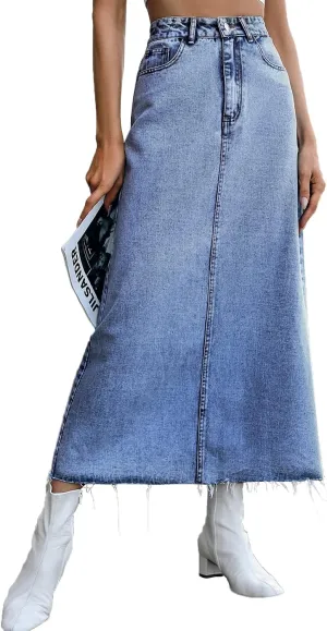 Long Denim Skirts for Women Maxi Paperbag High Waist Frayed Raw Hem A line Flare Jean Skirt with Pockets