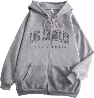 Los Angeles California - Vintage Lightweight Hoodies for Women Full Zip Up Long Sleeve Hooded Sweatshirt Coat Tunic