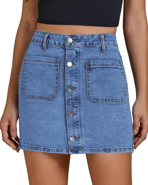luvamia Jean Skirts for Women Denim High Waisted Trendy Stretchy Mini Button Front Short Pencil Skirt with Patch Pockets