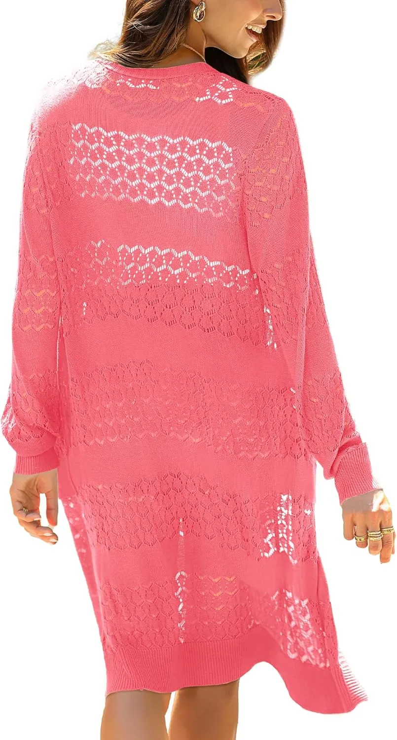 LYHNMW Women's Casual Lightweight Crochet Cardigan Sweater Long Sleeve Open Front Knitt Boho Beach Coverups with Pockets