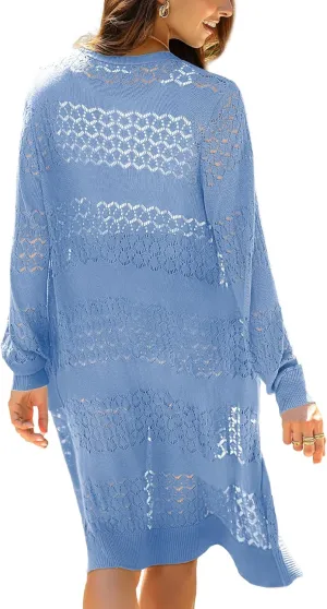 LYHNMW Women's Casual Lightweight Crochet Cardigan Sweater Long Sleeve Open Front Knitt Boho Beach Coverups with Pockets