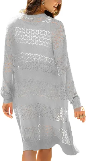 LYHNMW Women's Casual Lightweight Crochet Cardigan Sweater Long Sleeve Open Front Knitt Boho Beach Coverups with Pockets