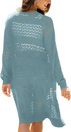 LYHNMW Women's Casual Lightweight Crochet Cardigan Sweater Long Sleeve Open Front Knitt Boho Beach Coverups with Pockets