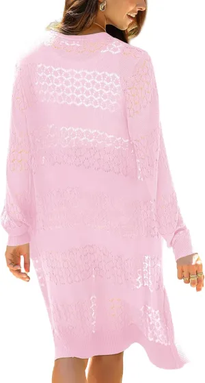 LYHNMW Women's Casual Lightweight Crochet Cardigan Sweater Long Sleeve Open Front Knitt Boho Beach Coverups with Pockets