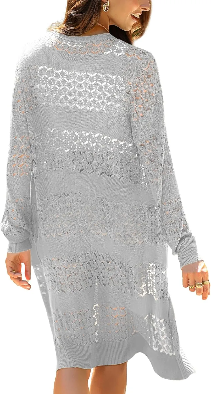 LYHNMW Women's Casual Lightweight Crochet Cardigan Sweater Long Sleeve Open Front Knitt Boho Beach Coverups with Pockets