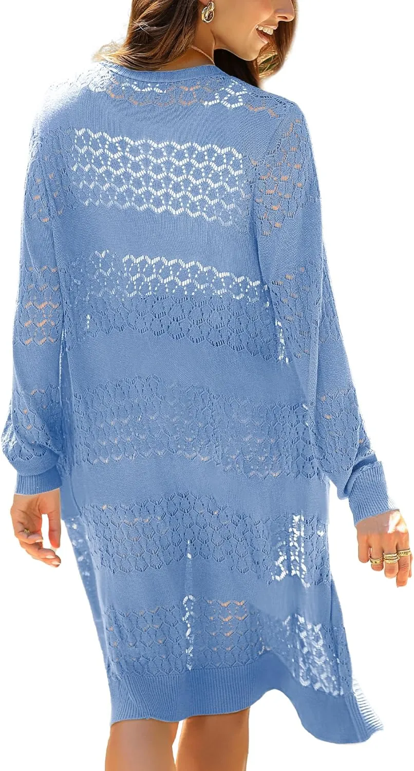LYHNMW Women's Casual Lightweight Crochet Cardigan Sweater Long Sleeve Open Front Knitt Boho Beach Coverups with Pockets