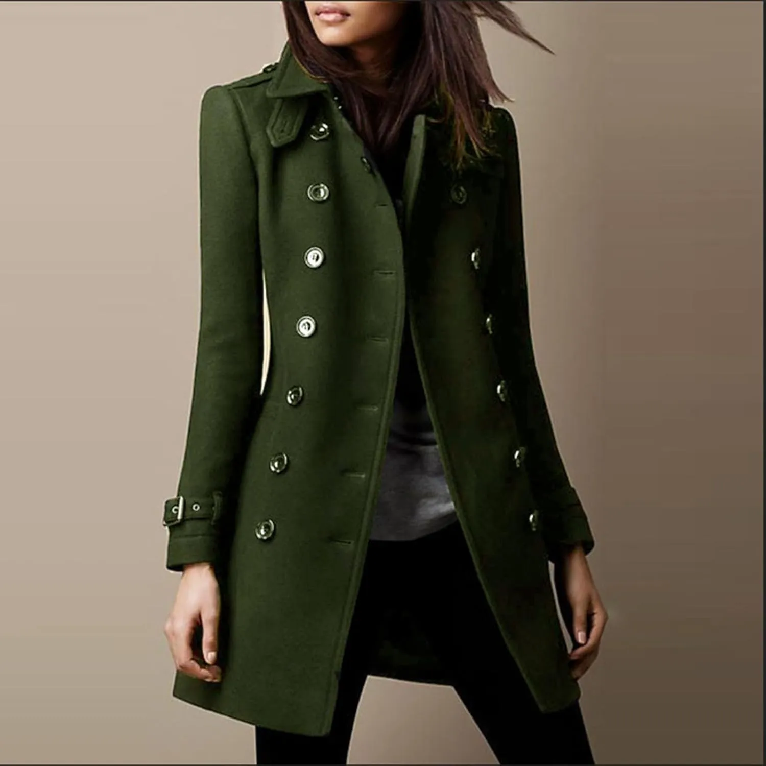 maisdgop Trench Coat for Women Long Sleeve Lapel Pea Coats Winter Double Breasted Windbreaker Casual Comfy Woolen Overcoat