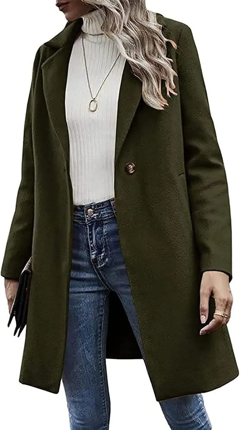 maisdgop Trench Coats for Women Classic Double Breasted Peacoat Long Sleeve Lapel Windbreaker Winter Woolen Cloth Jackets