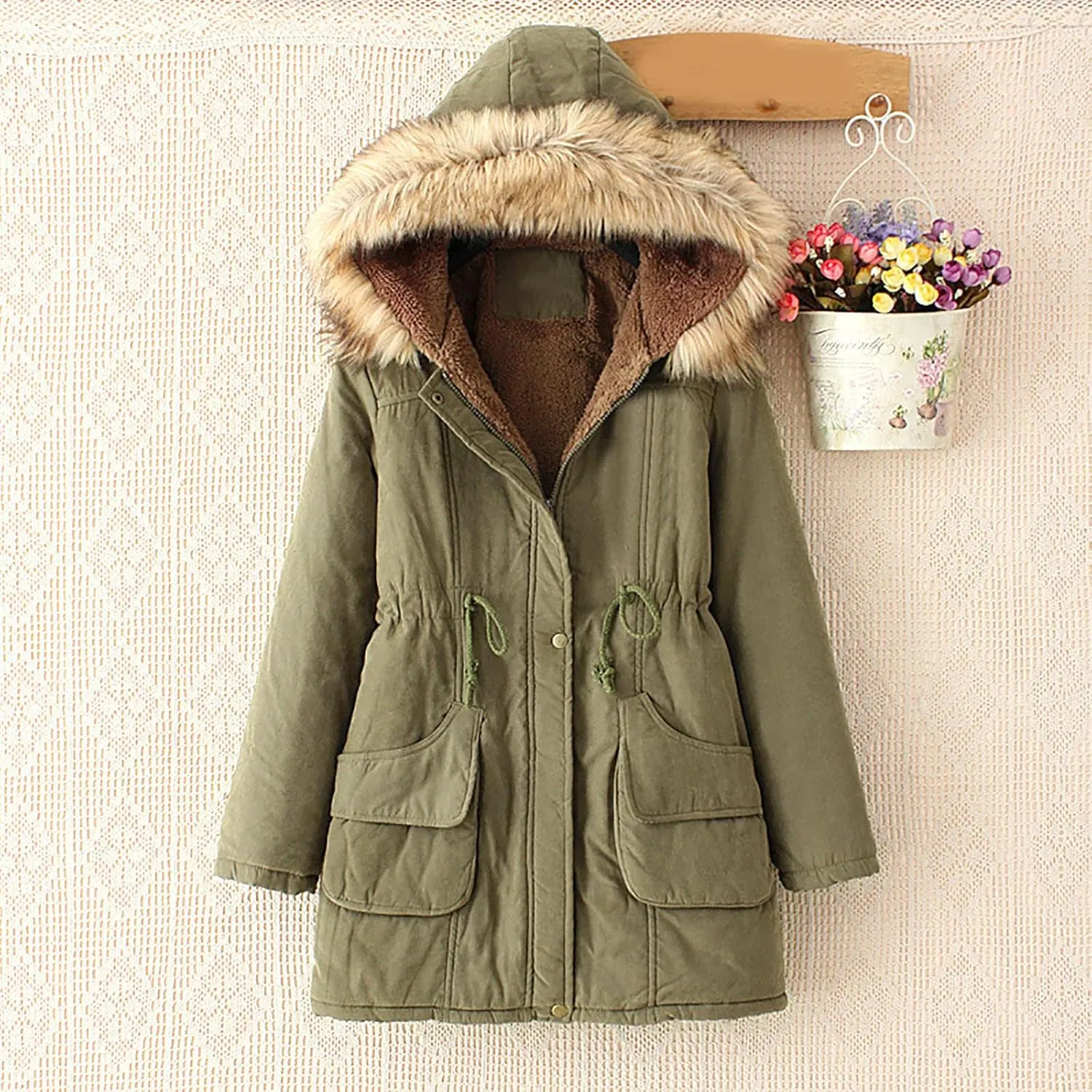 maisdgop Womens Winter Coats Mid Length Sherpa Lined Warm Heavy Jackets Thickened Windproof Outerwear With Fur Hood