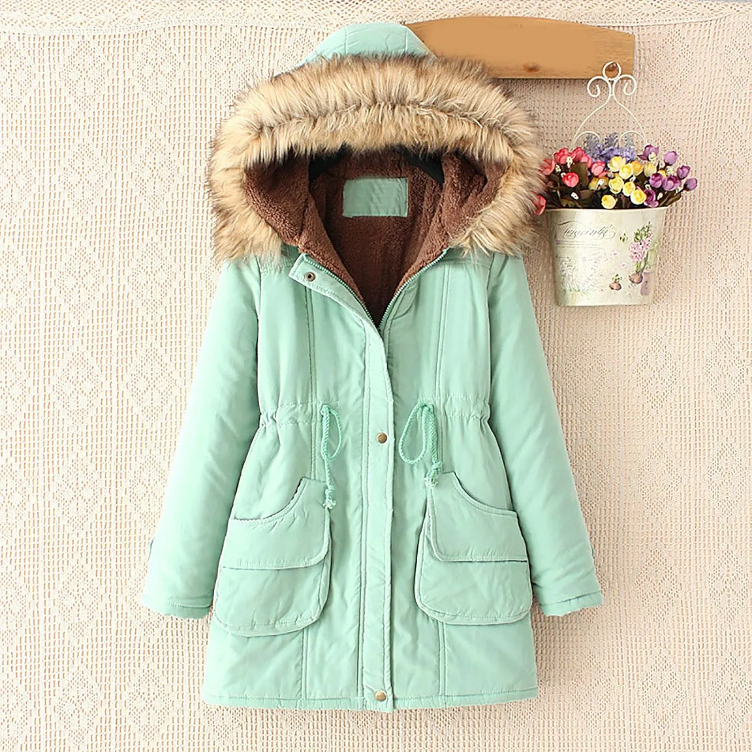 maisdgop Womens Winter Coats Mid Length Sherpa Lined Warm Heavy Jackets Thickened Windproof Outerwear With Fur Hood