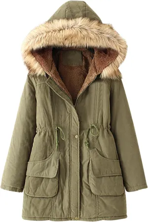 maisdgop Womens Winter Coats Mid Length Sherpa Lined Warm Heavy Jackets Thickened Windproof Outerwear With Fur Hood