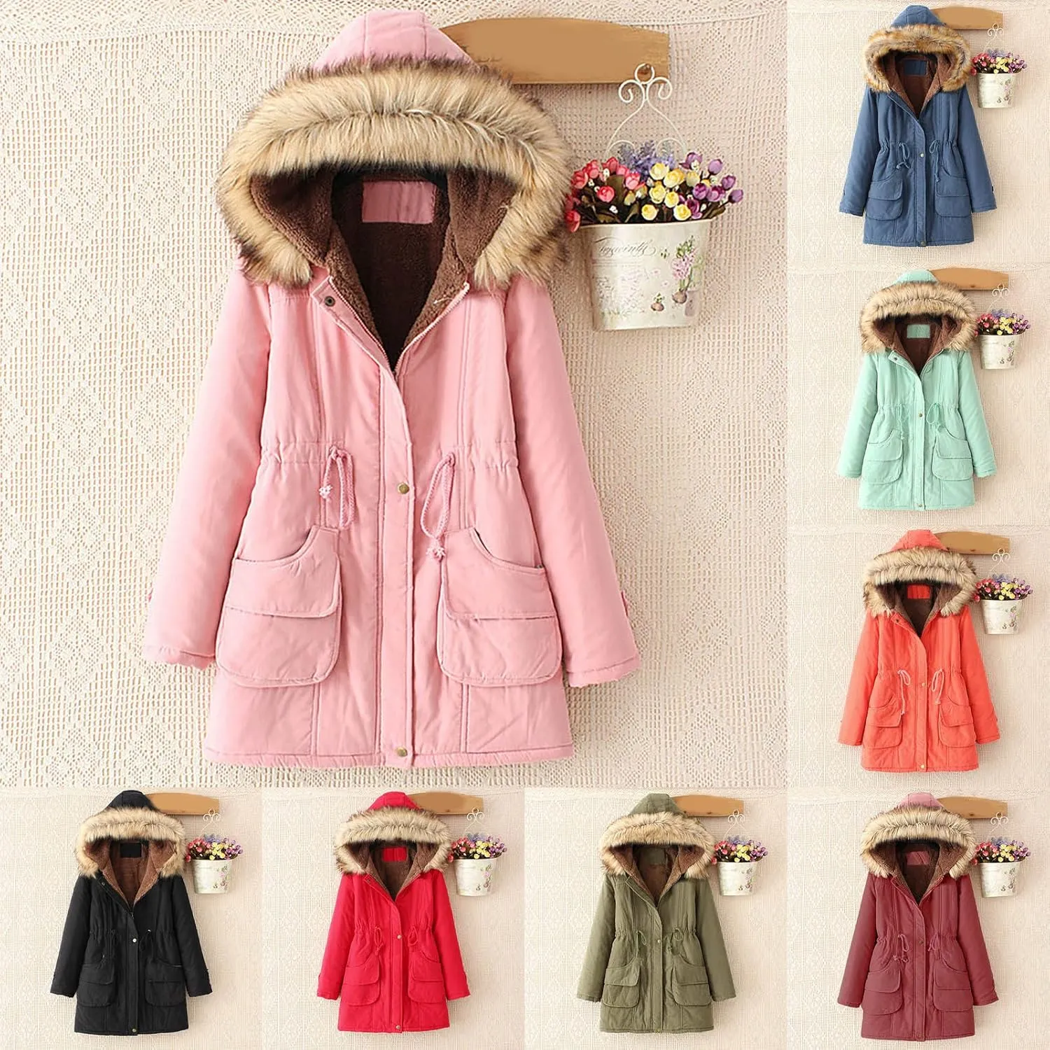 maisdgop Womens Winter Coats Mid Length Sherpa Lined Warm Heavy Jackets Thickened Windproof Outerwear With Fur Hood