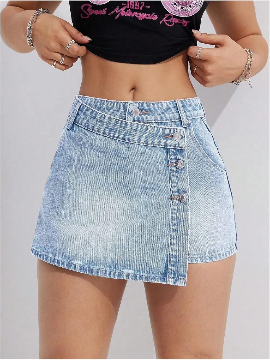 MakeMeChic Women's Wrap Denim Skirts Button Front Asymmetrical Hem Short Jean Skirt