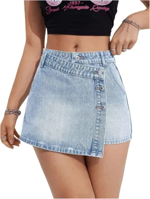 MakeMeChic Women's Wrap Denim Skirts Button Front Asymmetrical Hem Short Jean Skirt