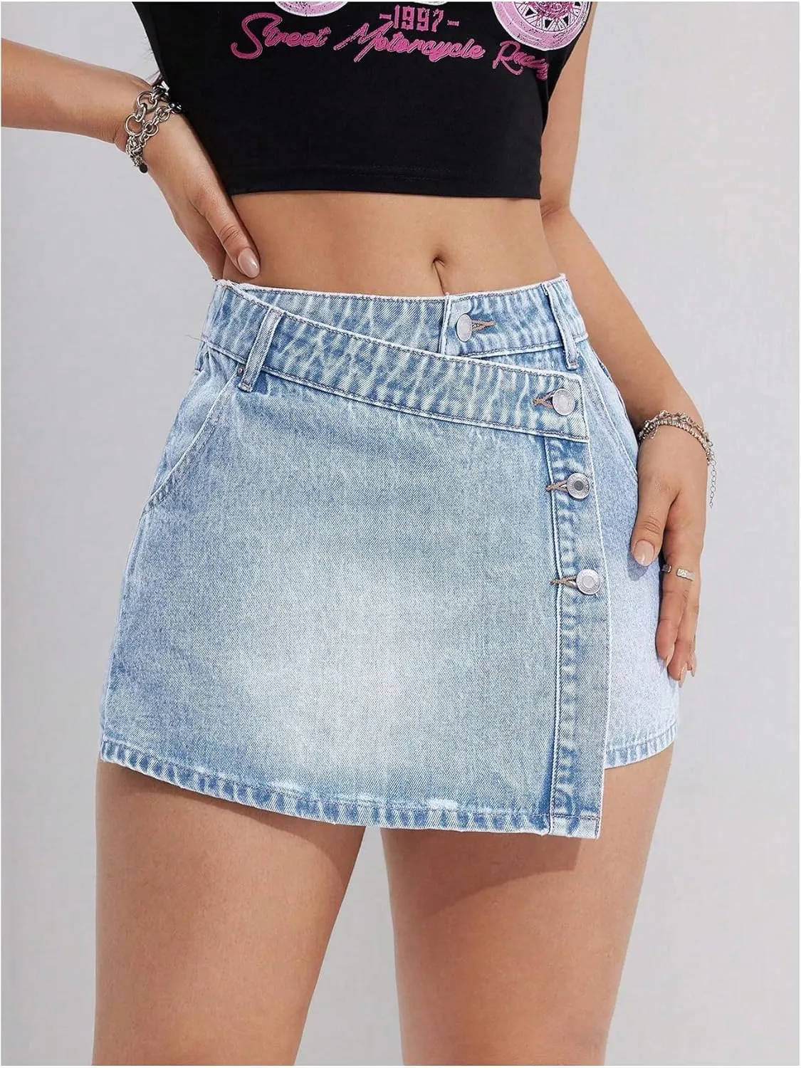 MakeMeChic Women's Wrap Denim Skirts Button Front Asymmetrical Hem Short Jean Skirt