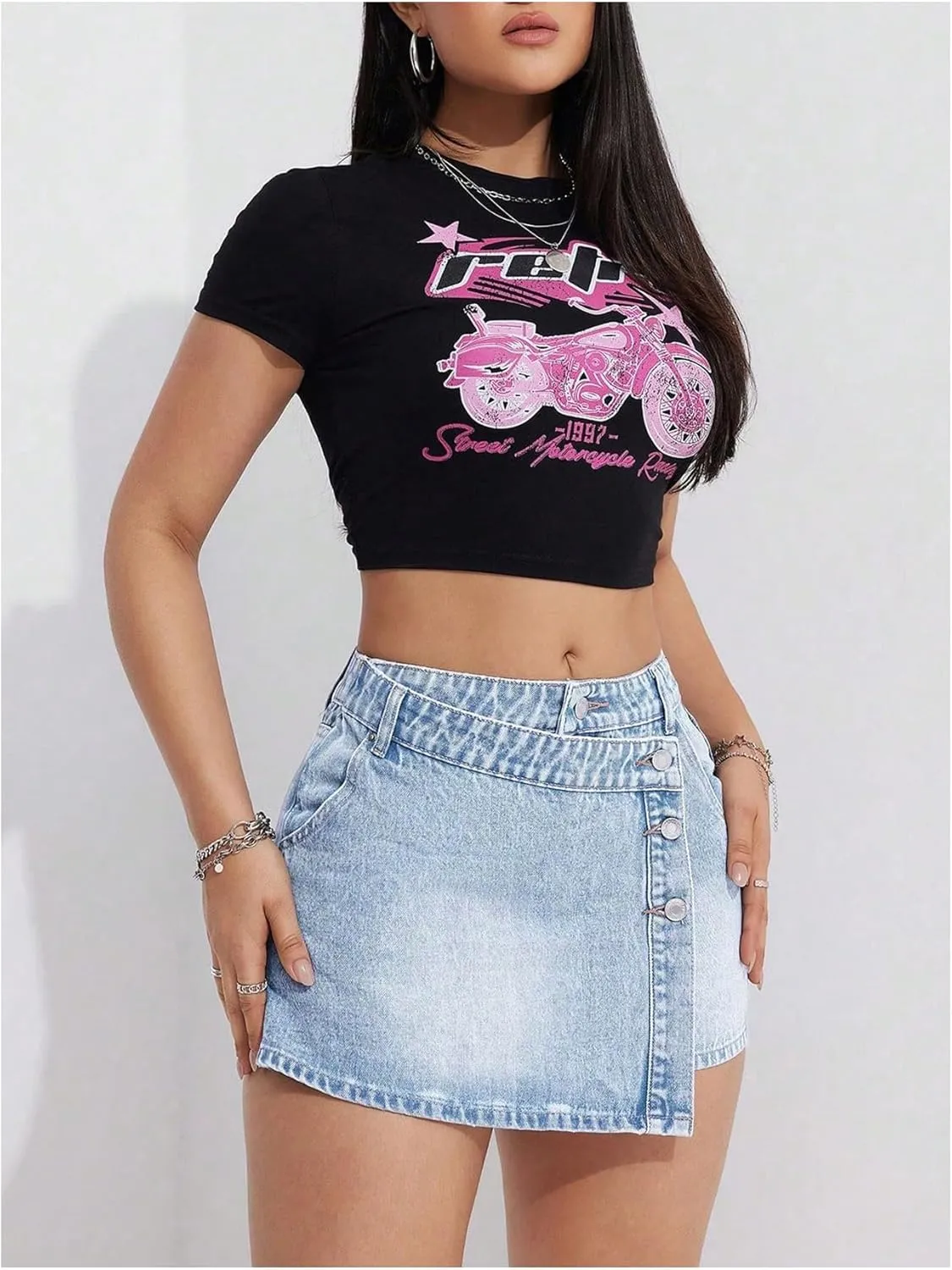 MakeMeChic Women's Wrap Denim Skirts Button Front Asymmetrical Hem Short Jean Skirt