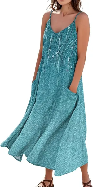 Maxi Dresses for Women 2025 Summer Loose Fit Beach Vacation Dress Sleeveless O Neck Sundress Casual Tank Dress with Pockets