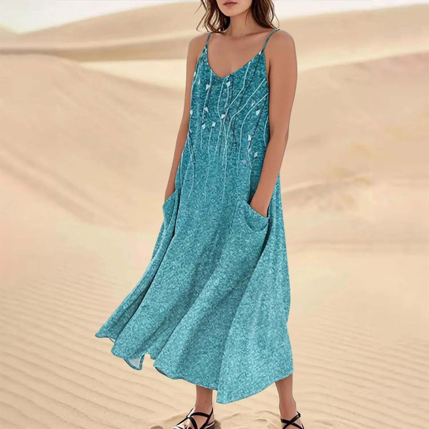 Maxi Dresses for Women 2025 Summer Loose Fit Beach Vacation Dress Sleeveless O Neck Sundress Casual Tank Dress with Pockets