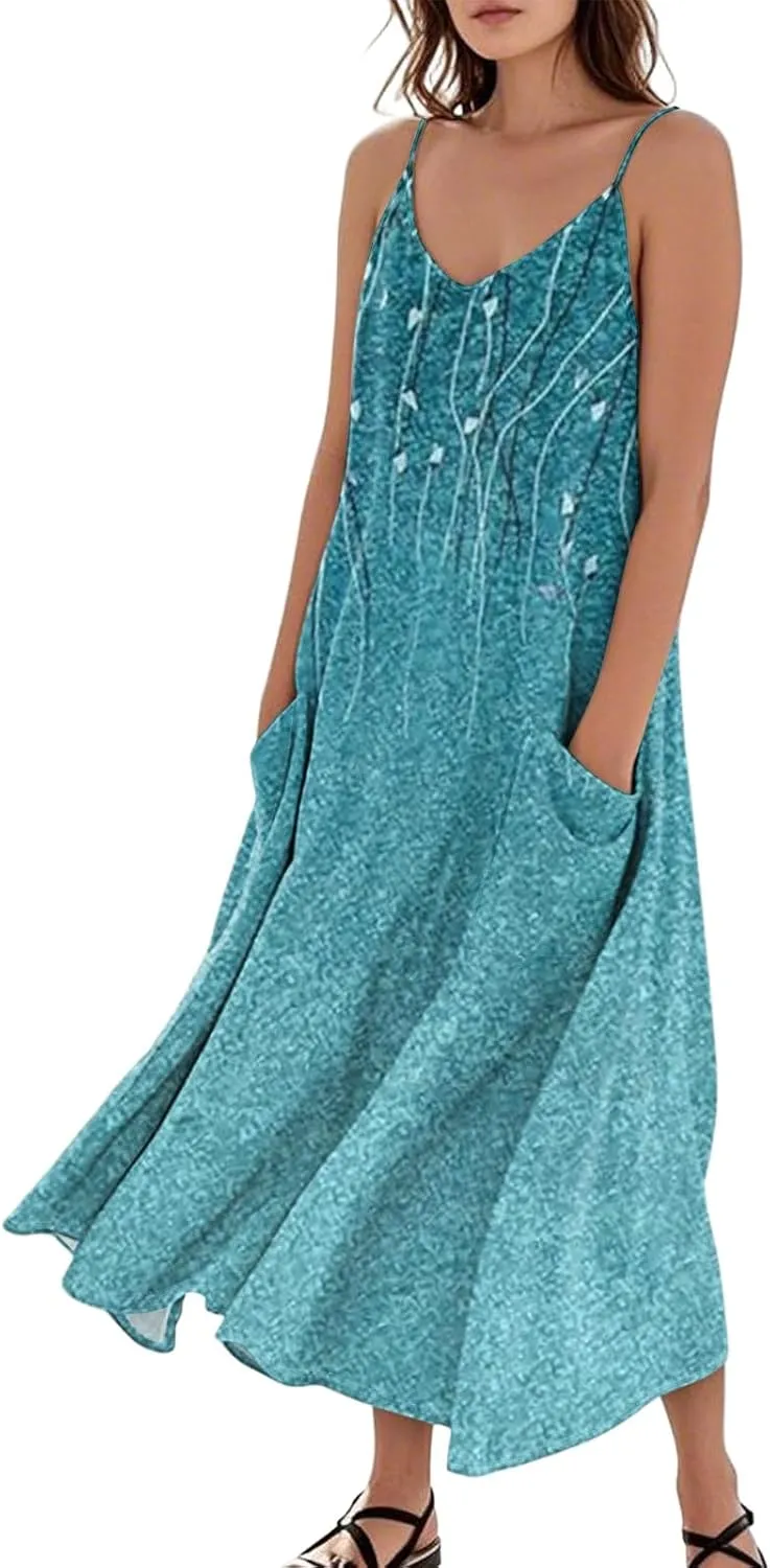 Maxi Dresses for Women 2025 Summer Loose Fit Beach Vacation Dress Sleeveless O Neck Sundress Casual Tank Dress with Pockets