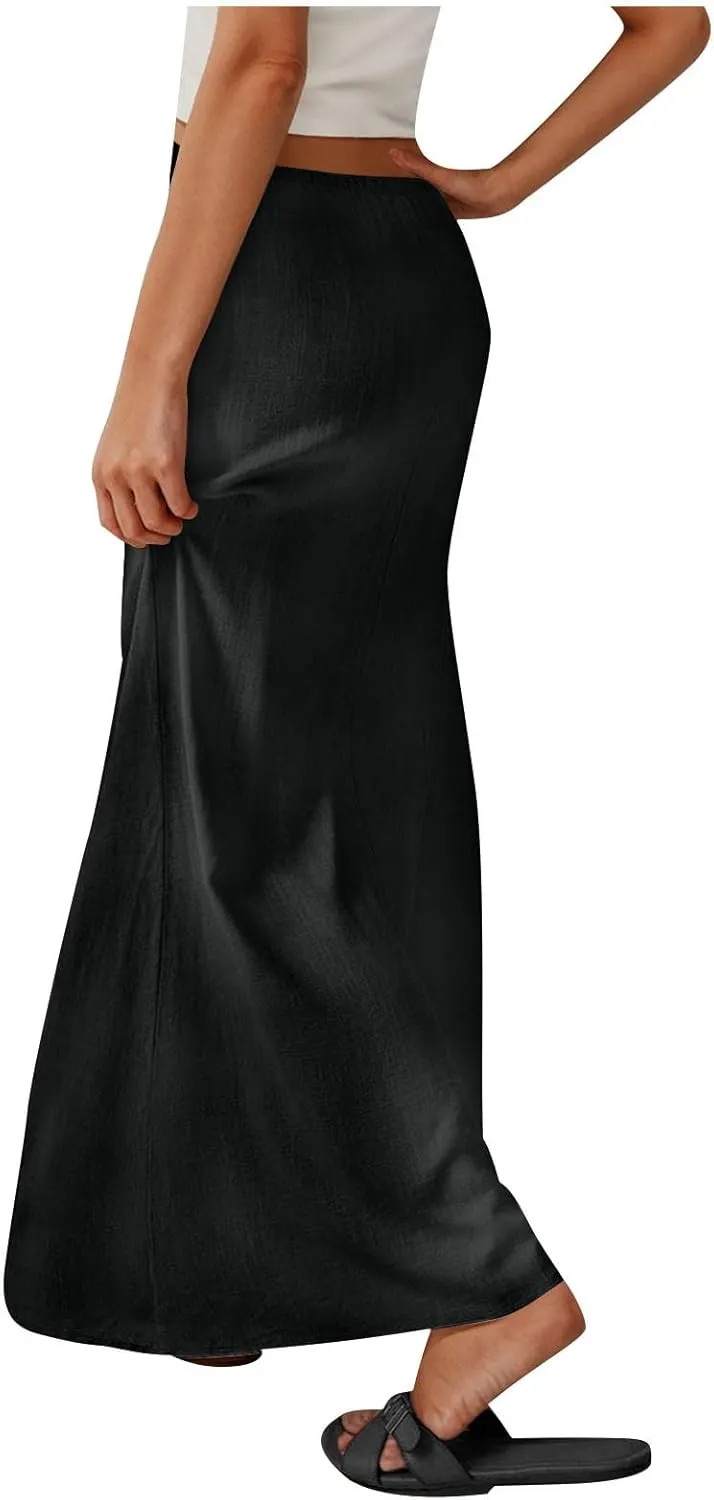 Maxi Skirts for Women 2025 Summer Boho Flowy Skirt Comfy Drawstring Elastic Waist Beach Vacation Long Skirts