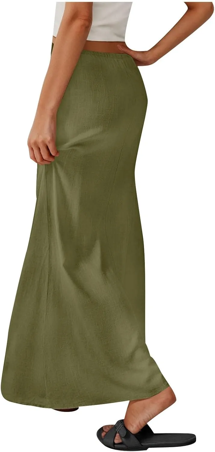Maxi Skirts for Women 2025 Summer Boho Flowy Skirt Comfy Drawstring Elastic Waist Beach Vacation Long Skirts