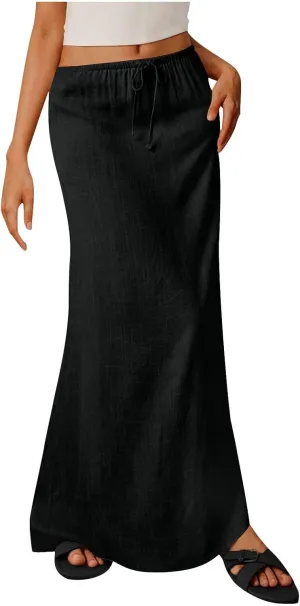 Maxi Skirts for Women 2025 Summer Boho Flowy Skirt Comfy Drawstring Elastic Waist Beach Vacation Long Skirts