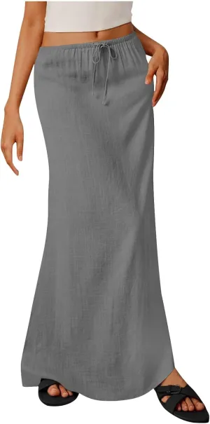 Maxi Skirts for Women 2025 Summer Boho Flowy Skirt Comfy Drawstring Elastic Waist Beach Vacation Long Skirts