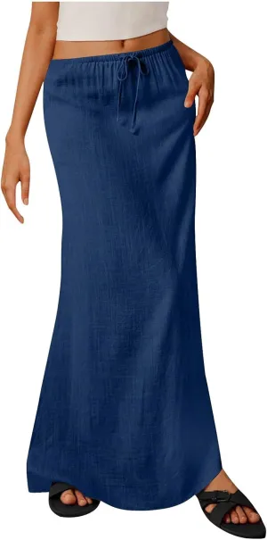 Maxi Skirts for Women 2025 Summer Boho Flowy Skirt Comfy Drawstring Elastic Waist Beach Vacation Long Skirts