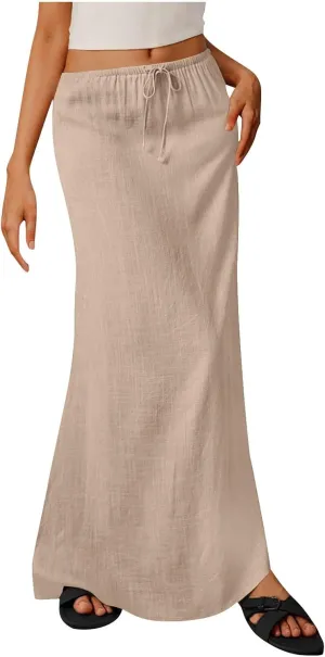 Maxi Skirts for Women 2025 Summer Boho Flowy Skirt Comfy Drawstring Elastic Waist Beach Vacation Long Skirts