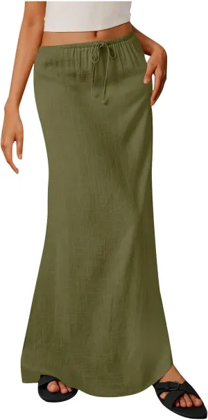 Maxi Skirts for Women 2025 Summer Boho Flowy Skirt Comfy Drawstring Elastic Waist Beach Vacation Long Skirts