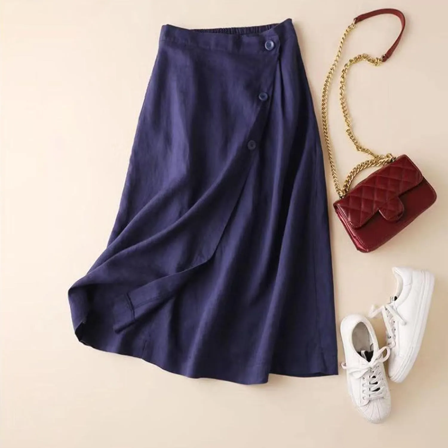 Maxi Skirts for Women Trendy A Line Solid Elastic Waist Button Skirts for Women Boho Flowy Vacation Skirt