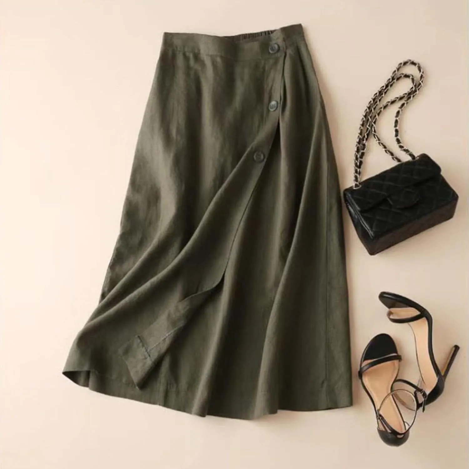 Maxi Skirts for Women Trendy A Line Solid Elastic Waist Button Skirts for Women Boho Flowy Vacation Skirt