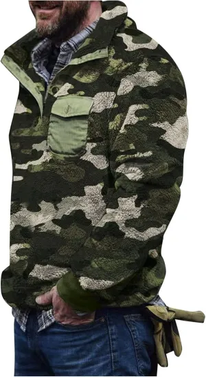 Mens Camo Tactical Sherpa Fleece Hooded Jackets Quarter Zip Long Sleeve Winter Warm Flannel Fleece Military Coats