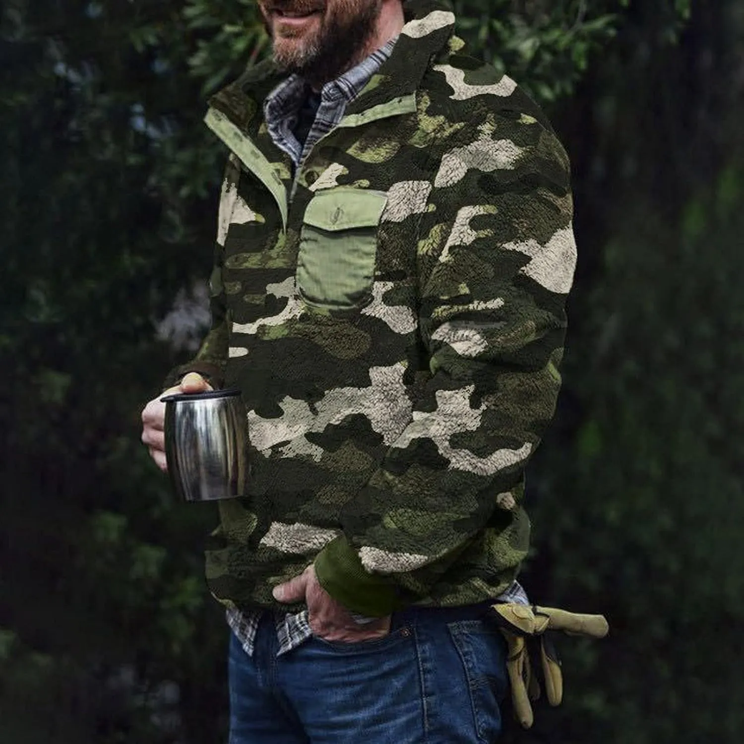 Mens Camo Tactical Sherpa Fleece Hooded Jackets Quarter Zip Long Sleeve Winter Warm Flannel Fleece Military Coats