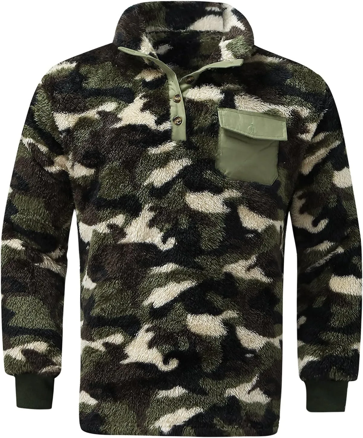 Mens Camo Tactical Sherpa Fleece Hooded Jackets Quarter Zip Long Sleeve Winter Warm Flannel Fleece Military Coats