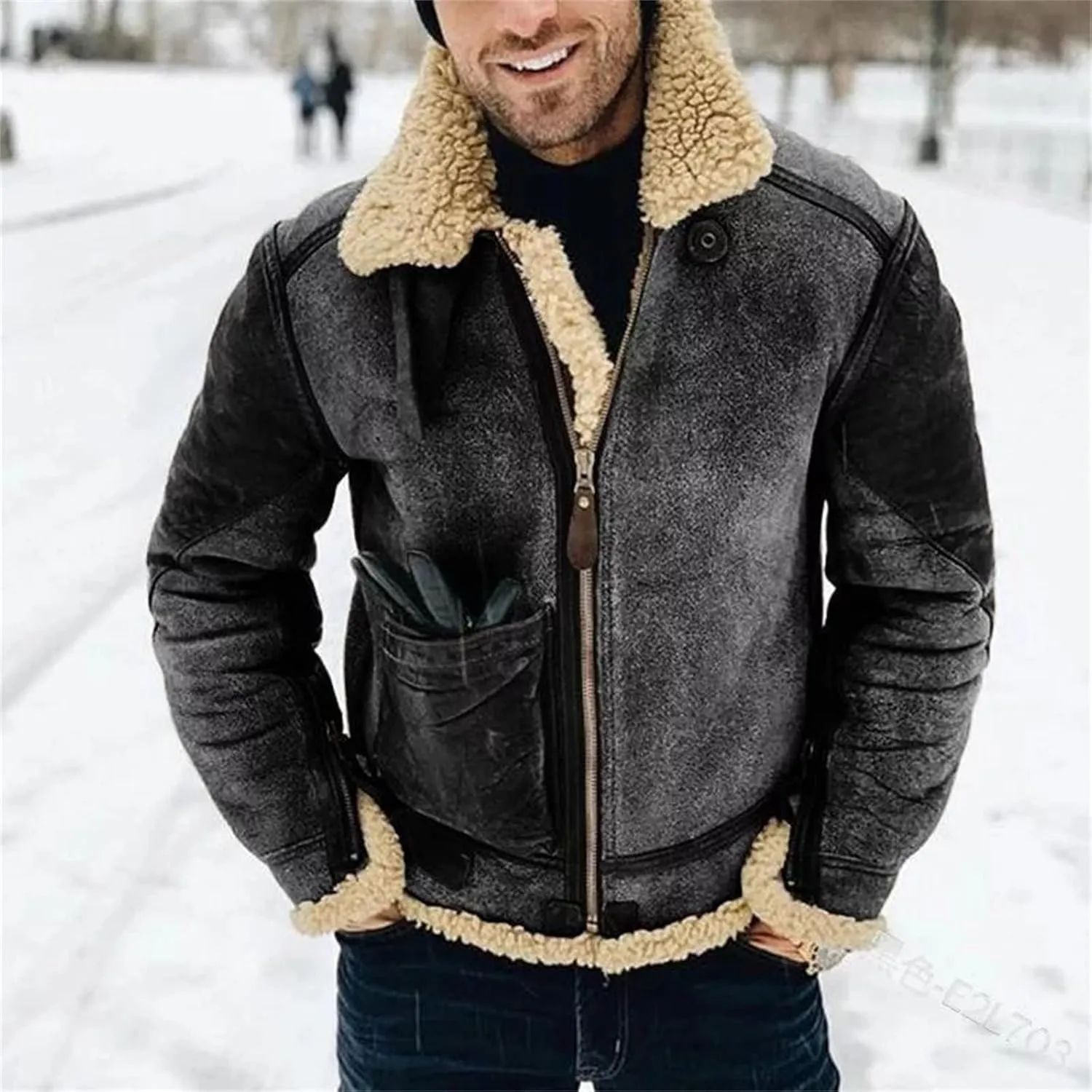 Mens Faux Leather Jacket Faux Fur Overcoat Long Sleeve Lapel Zip Up Jacket Cozy Retro Fuzzy Sherpa Fleece Lined Coats